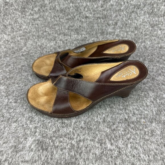 ✅Clarks Artisan Brown Leather Wedge Sandals Womens Size 7M Criss-Cross Open-Toe - Picture 6 of 11